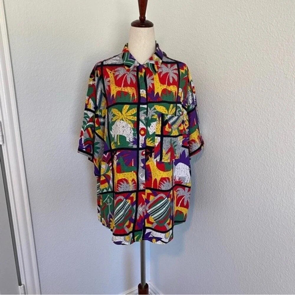 Vintage Bellows Brut Le Garage France Red Blue Vibrant Color Tropical Top SZ L